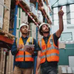 Young Caucasian Worker Showing Shelves To His African Manager In A Warehouse Holding Digital Tablet With Hardhat And Safety Vest