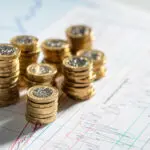 Stack Of Pound Coins On Financial Graphs And Figures