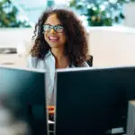 Smiling Woman Working Municipality Office Reception