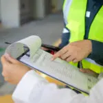 Inspection Sheet Being Reviewed By Two Workers Wearing Safety Vest In Industrial Environment Showing Detailed Data And Checklist For Quality Control And Safety Compliance