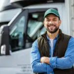 Happy Confident Male Driver Standing In Front On His Truck