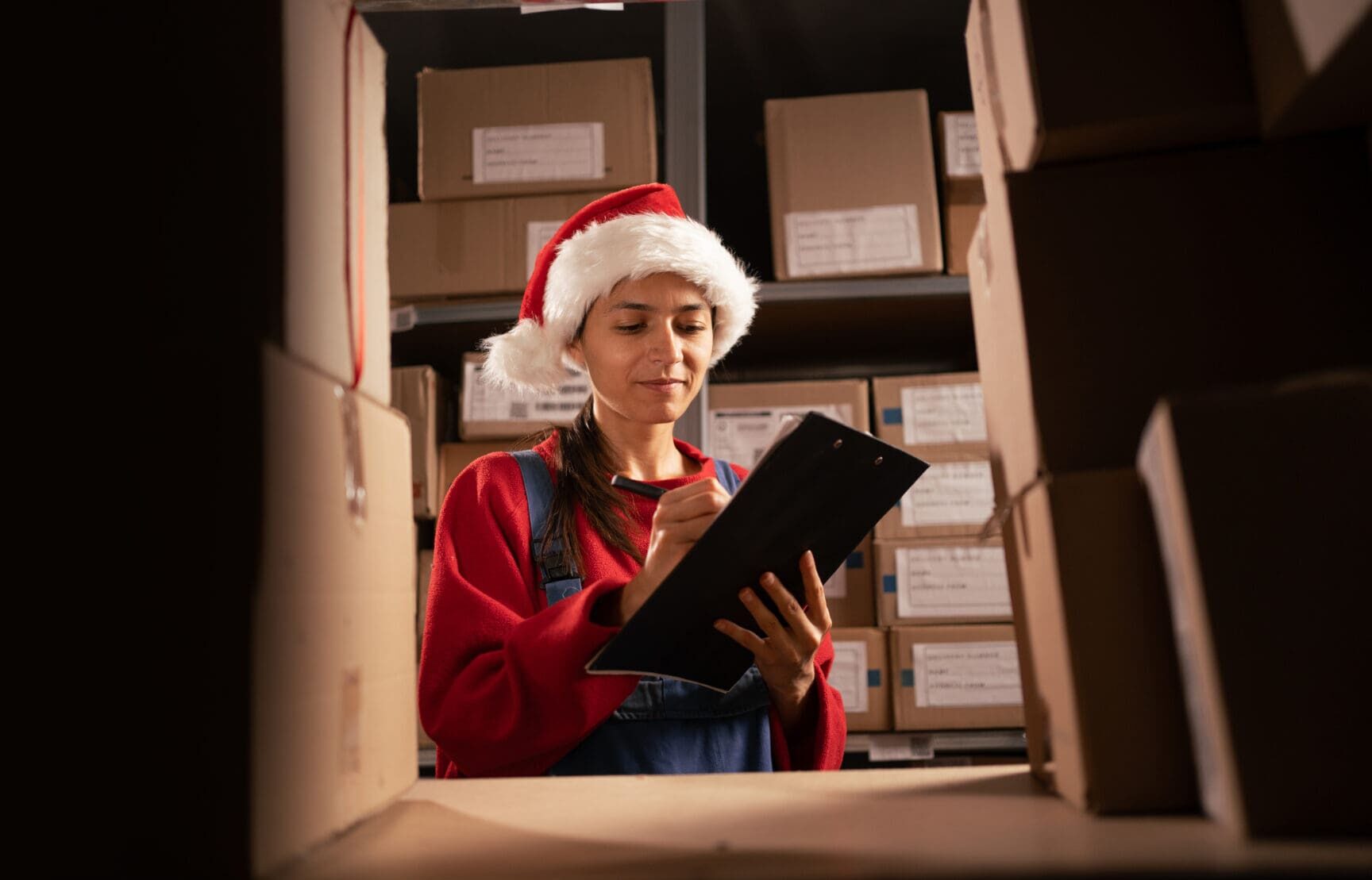 Woman With Clipboard At Warehouse Between Shelves With Boxes. Wholesale, Logistic, People And Export Concept