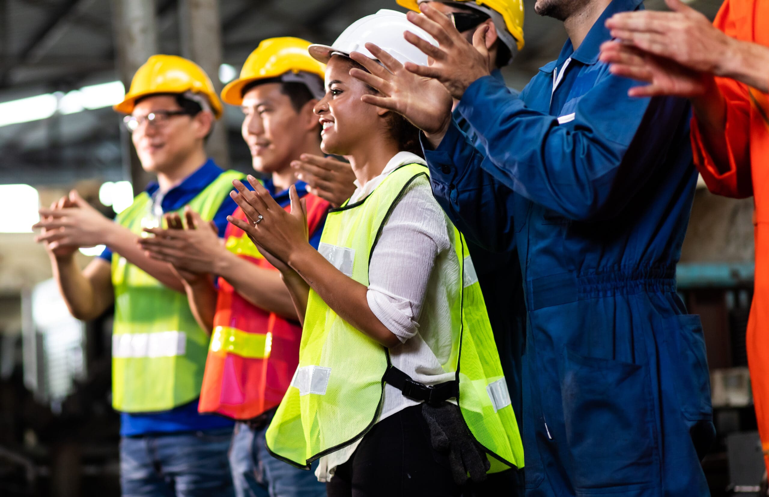 Professional Engineering And Worker Team Congratulated Success By Applaud At Industrial Manufacturing Factory. Engineer Operating Lathe Machinery