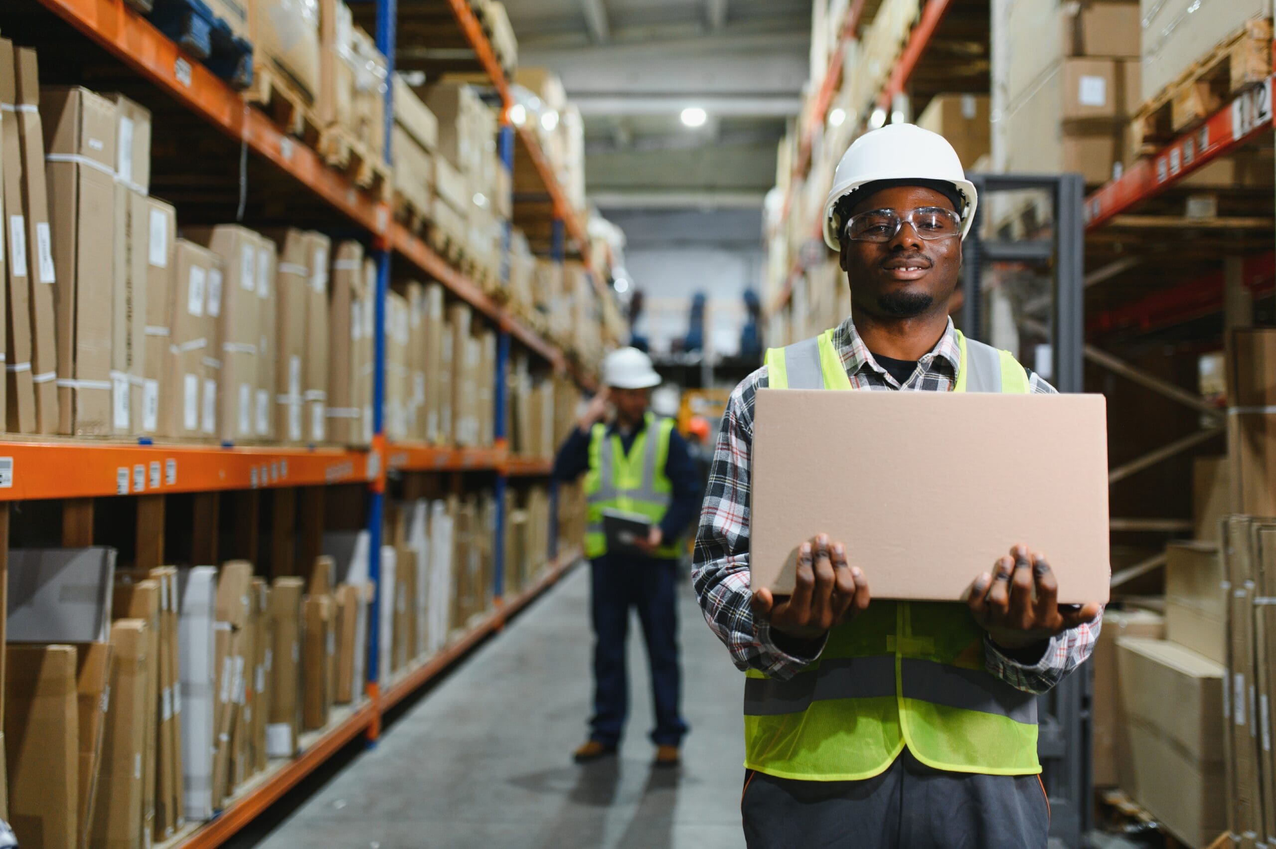 Portrait Of A Handsome African American Warehouse Worker In Overalls And A Helmet