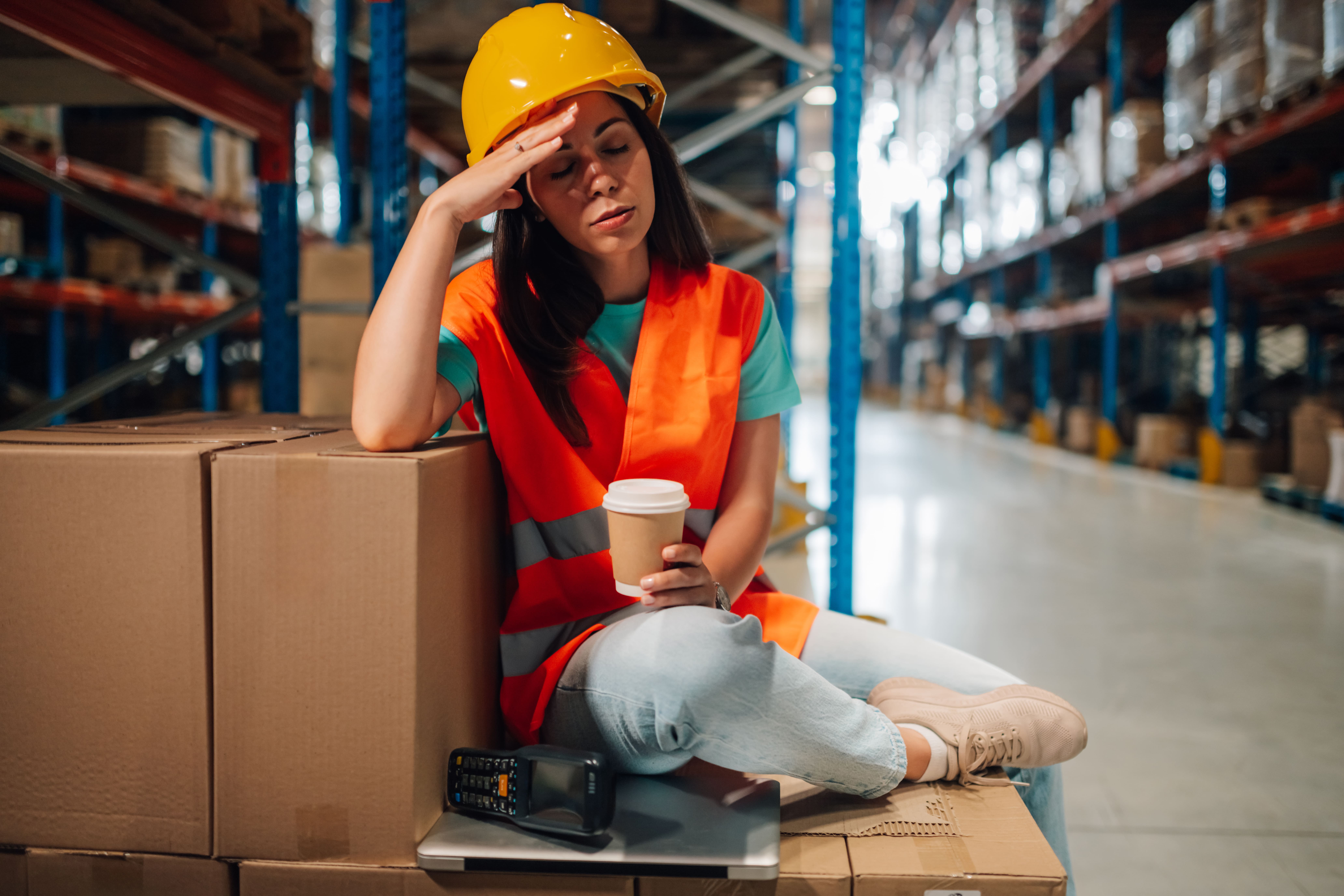 Tired Female Warehouse Worker Taking A Break And Holding A Coffee Cup