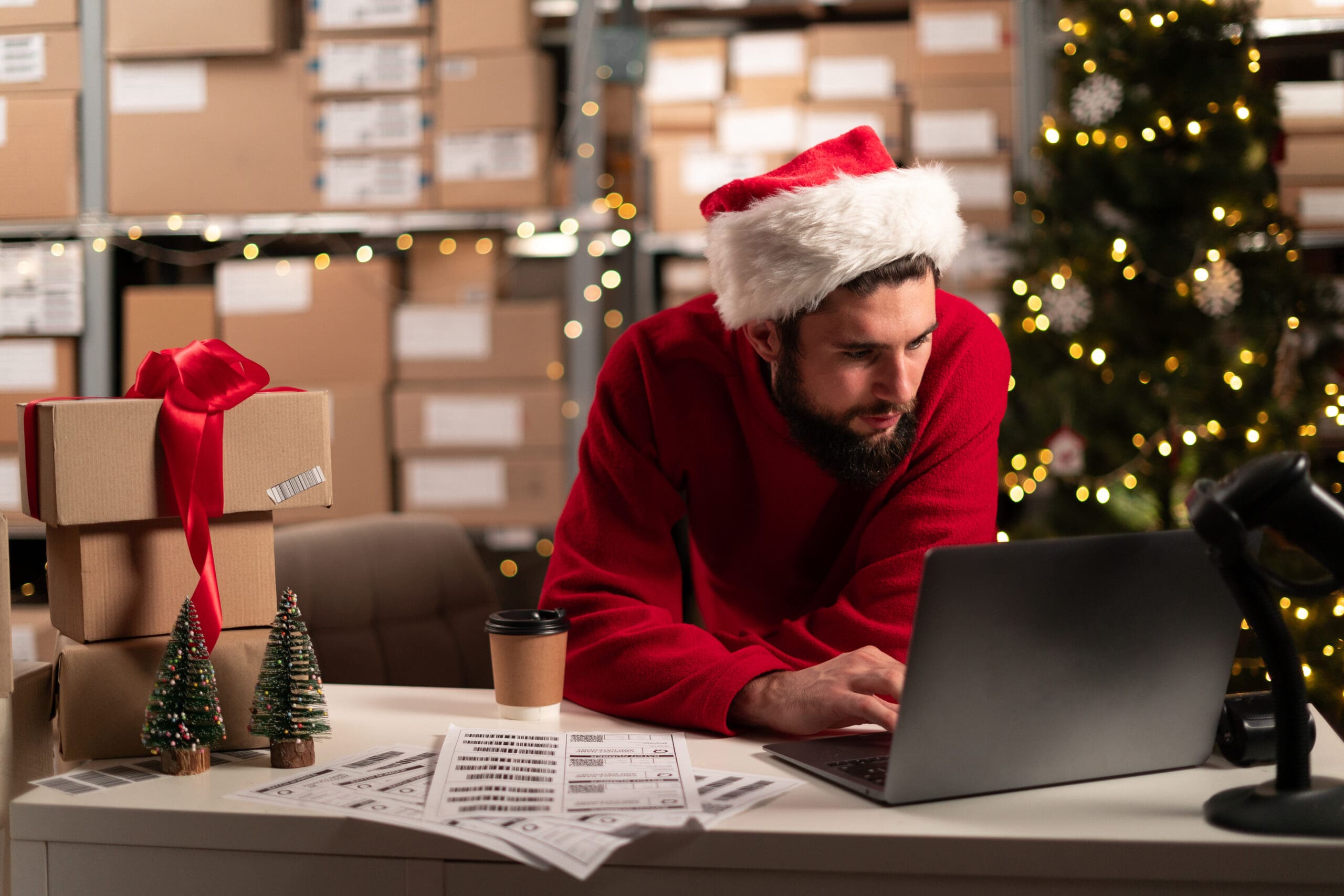 Male Online Store Small Business Owner Entrepreneur Seller Checking Orders Using Laptop Preparing Delivery Parcel On Table. Christmas Sale. Dropshipping Concept.